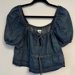 Ganni Indigo Denim Puff Sleeve Blouse